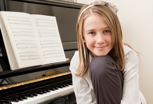 31w a young boy playing the piano while interacting on Zoom for piano lessons